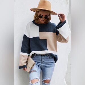 Making Changes Color Block Drop Shoulder Pullover Sweater White/Khaki/Navy